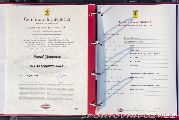 Ferrari Testarossa Certifikát Ferrari Class! 1988